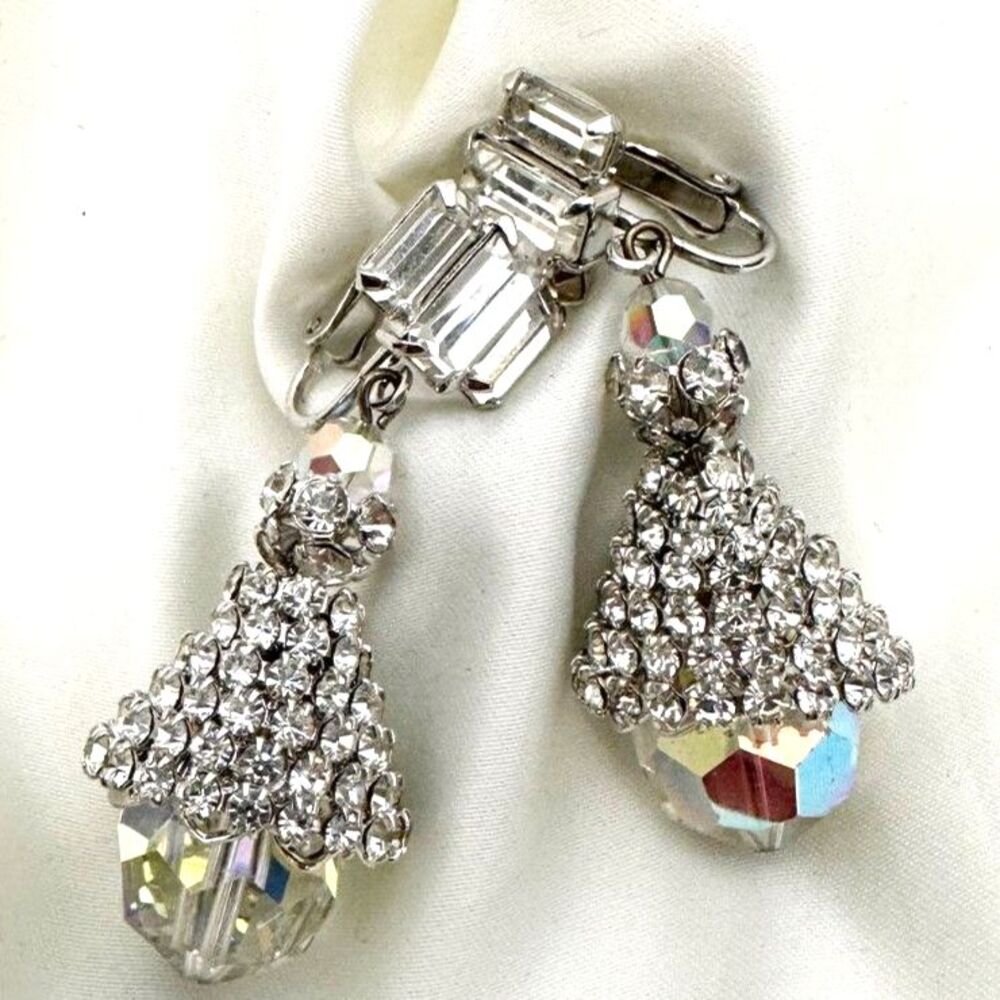 Vintage Crystal Statement Earrings Silver Tone  Rhinestone AB Aurora Borealis